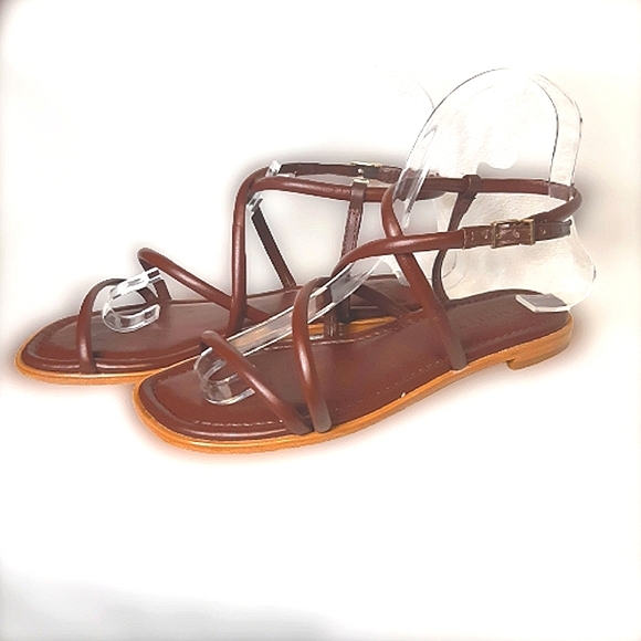 Schultz Leather Gladiator Strapy Sandal Flats Bukle Slip Brown Thong Flip Flop - Picture 3 of 9